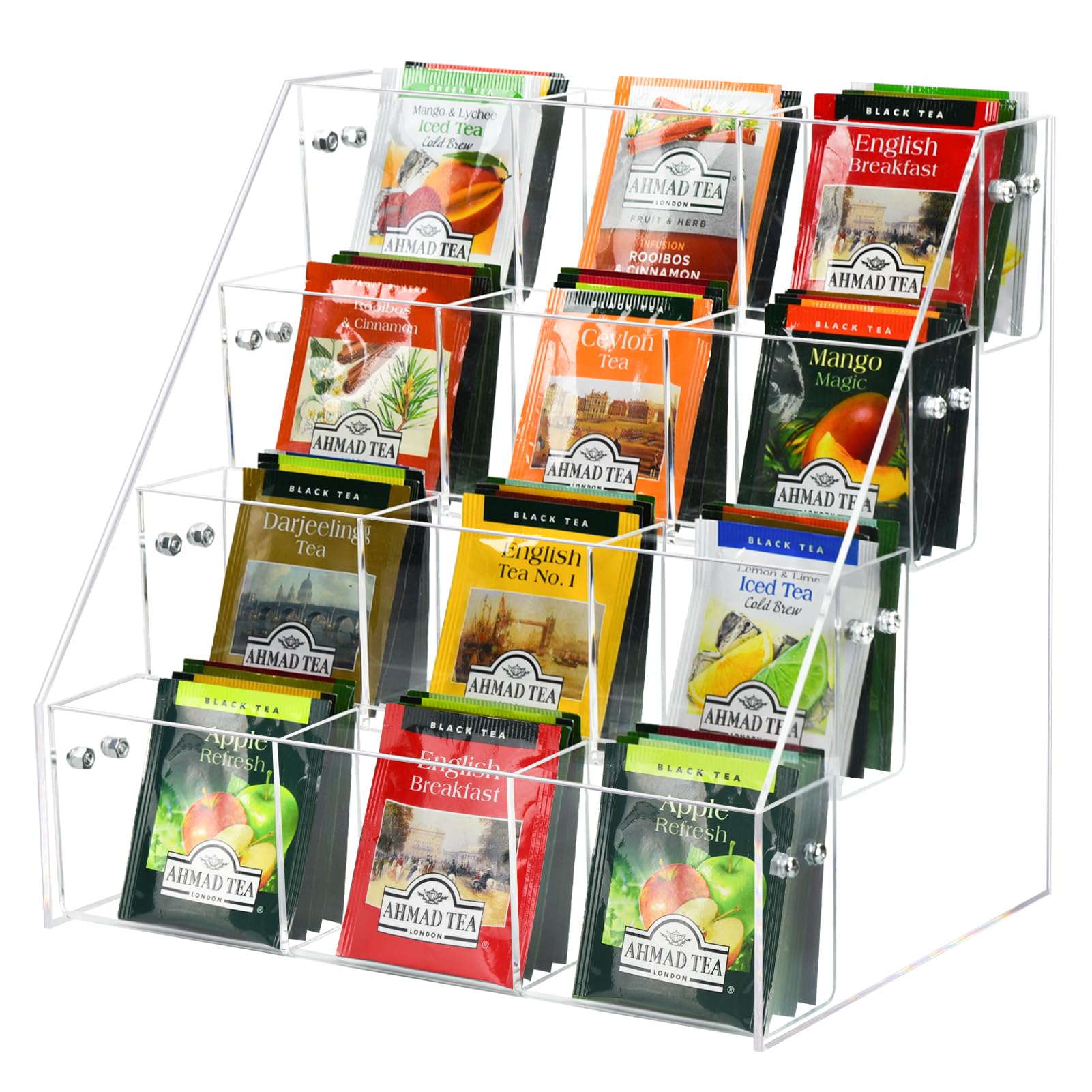 Wuudy tea bag organizer front view with four tiers for quick refills.