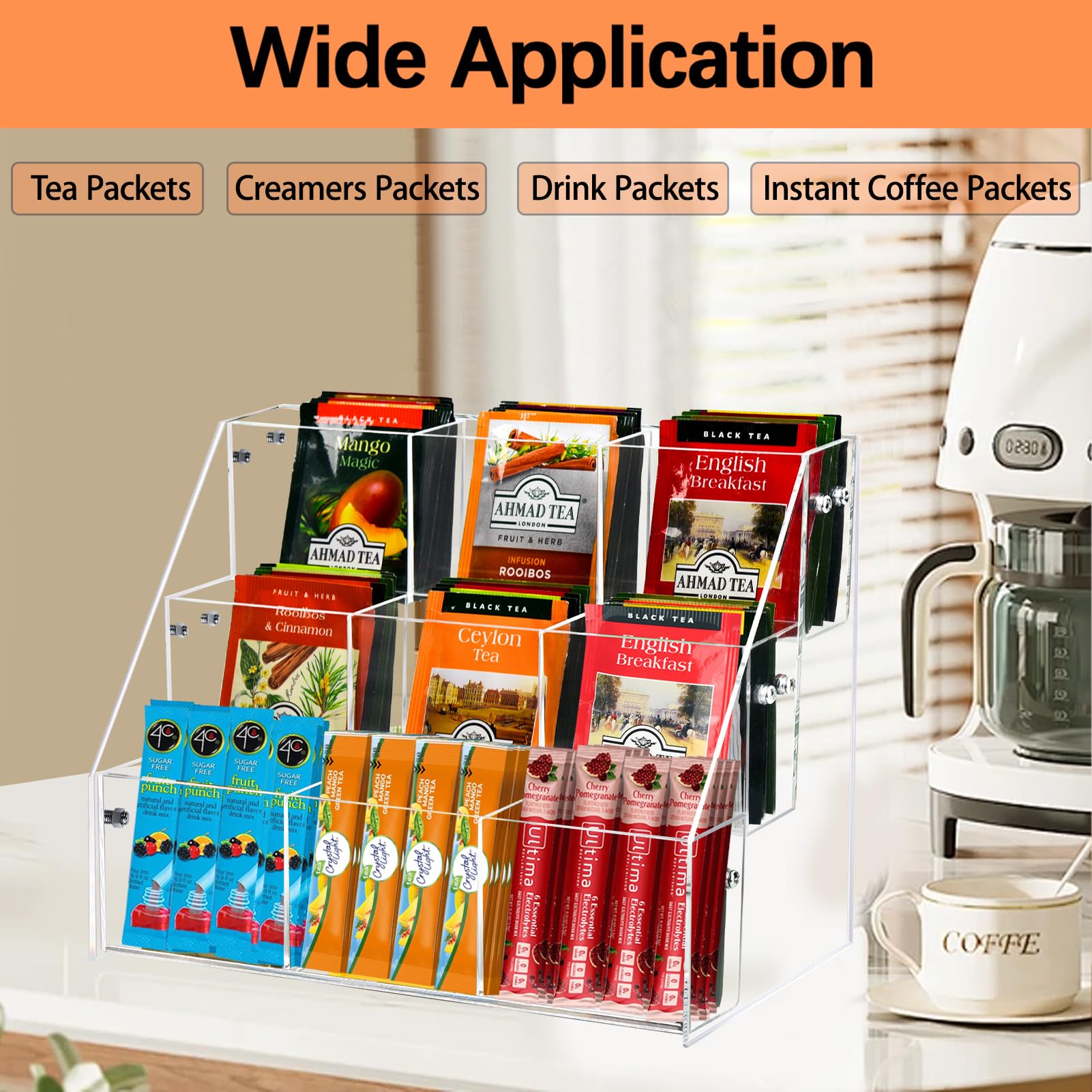 Wuudy clear acrylic tea bag organizer ladder design shows inventory at a glance for refills