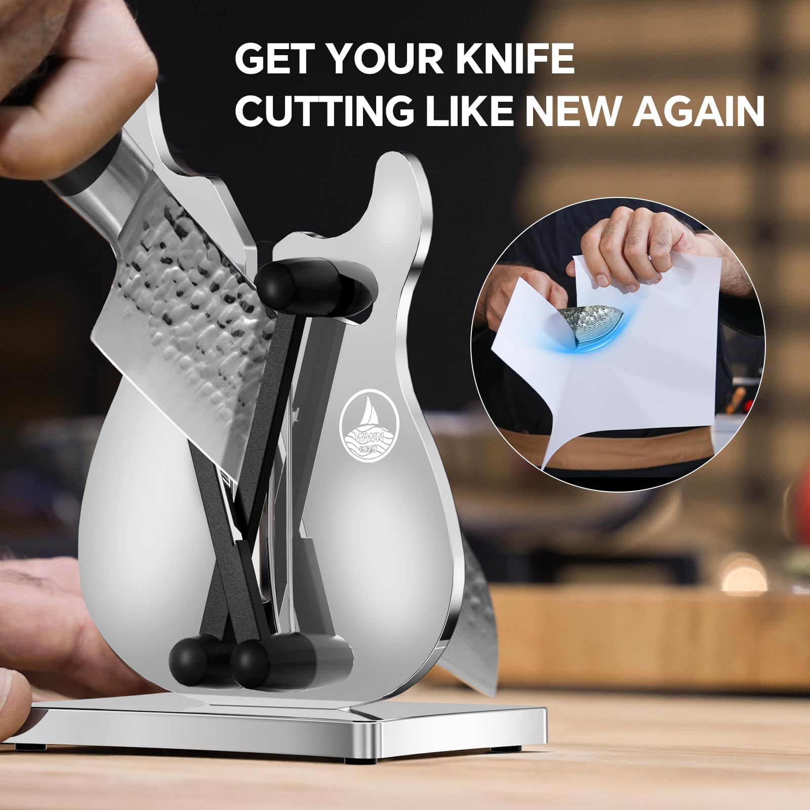 WWN sharpener shows auto-adjusting angle arms for consistent edge on daily knives