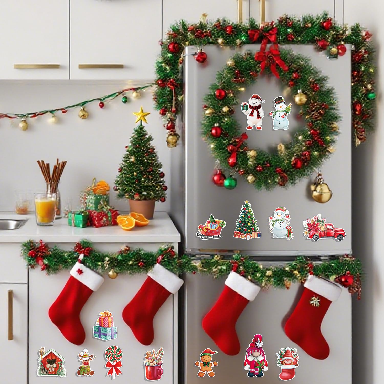 Wxiben Christmas fridge magnets snowflakes highlight seasonal charm on the kitchen or office whiteboard.