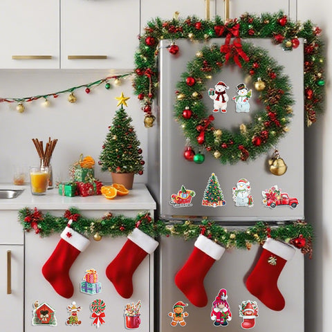 Wxiben Christmas fridge magnets snowflakes highlight seasonal charm on the kitchen or office whiteboard.