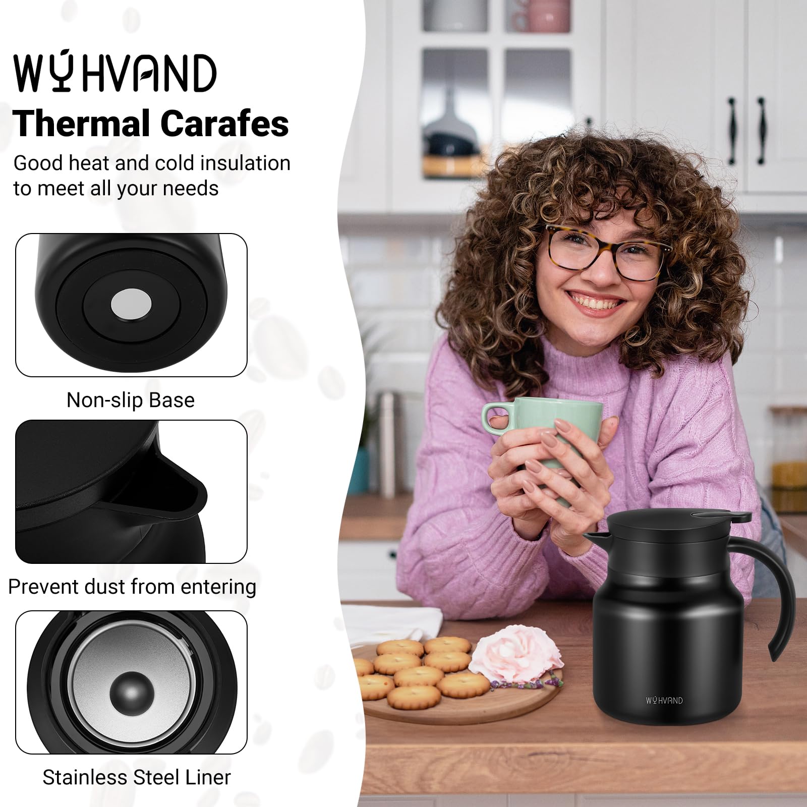 Wyhvand 27oz carafe dustproof lid protects beverages from dust and aroma loss.