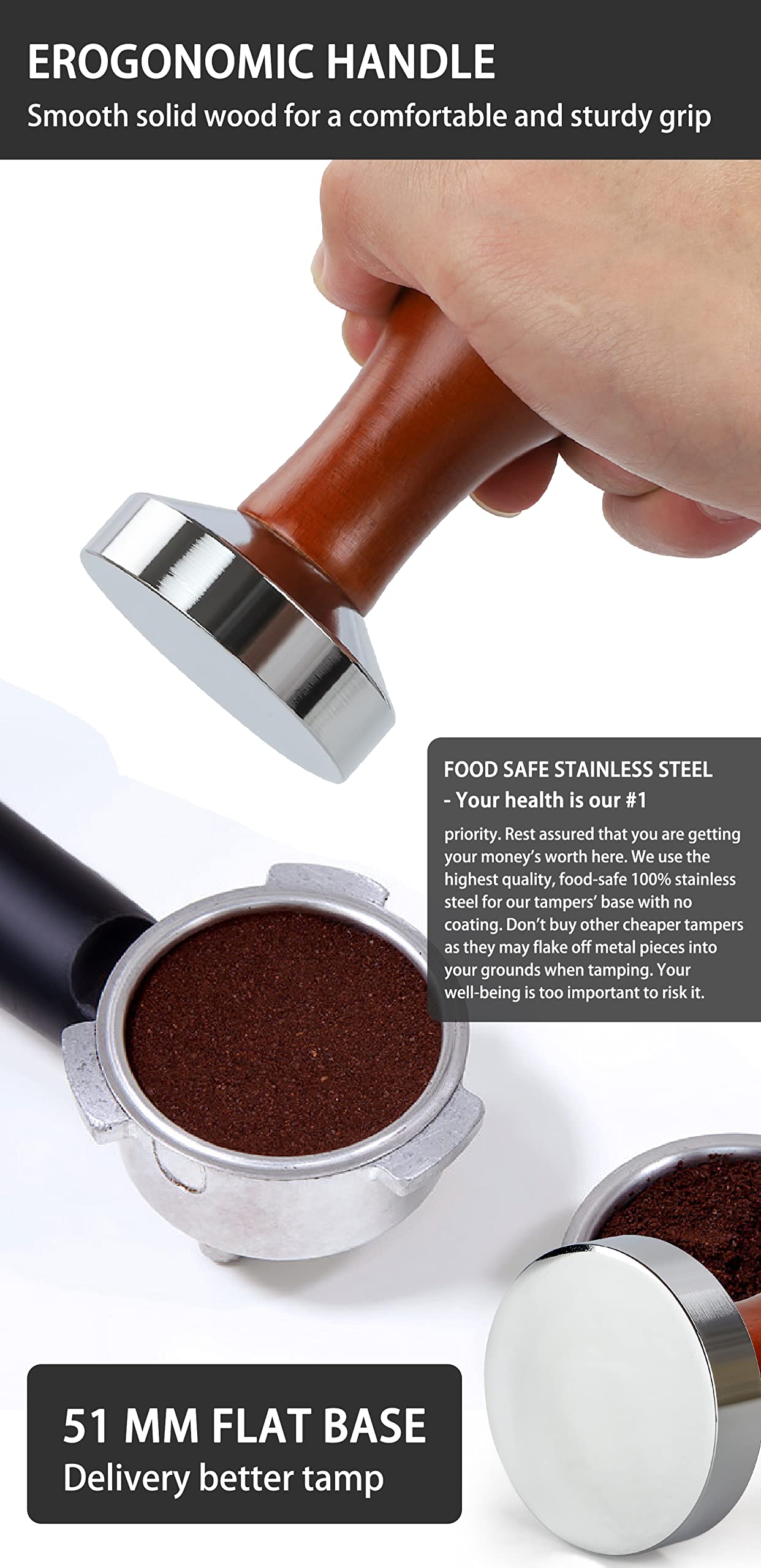 WYLOSUA 51mm fit for standard portafilters ensures compatibility with many machines.