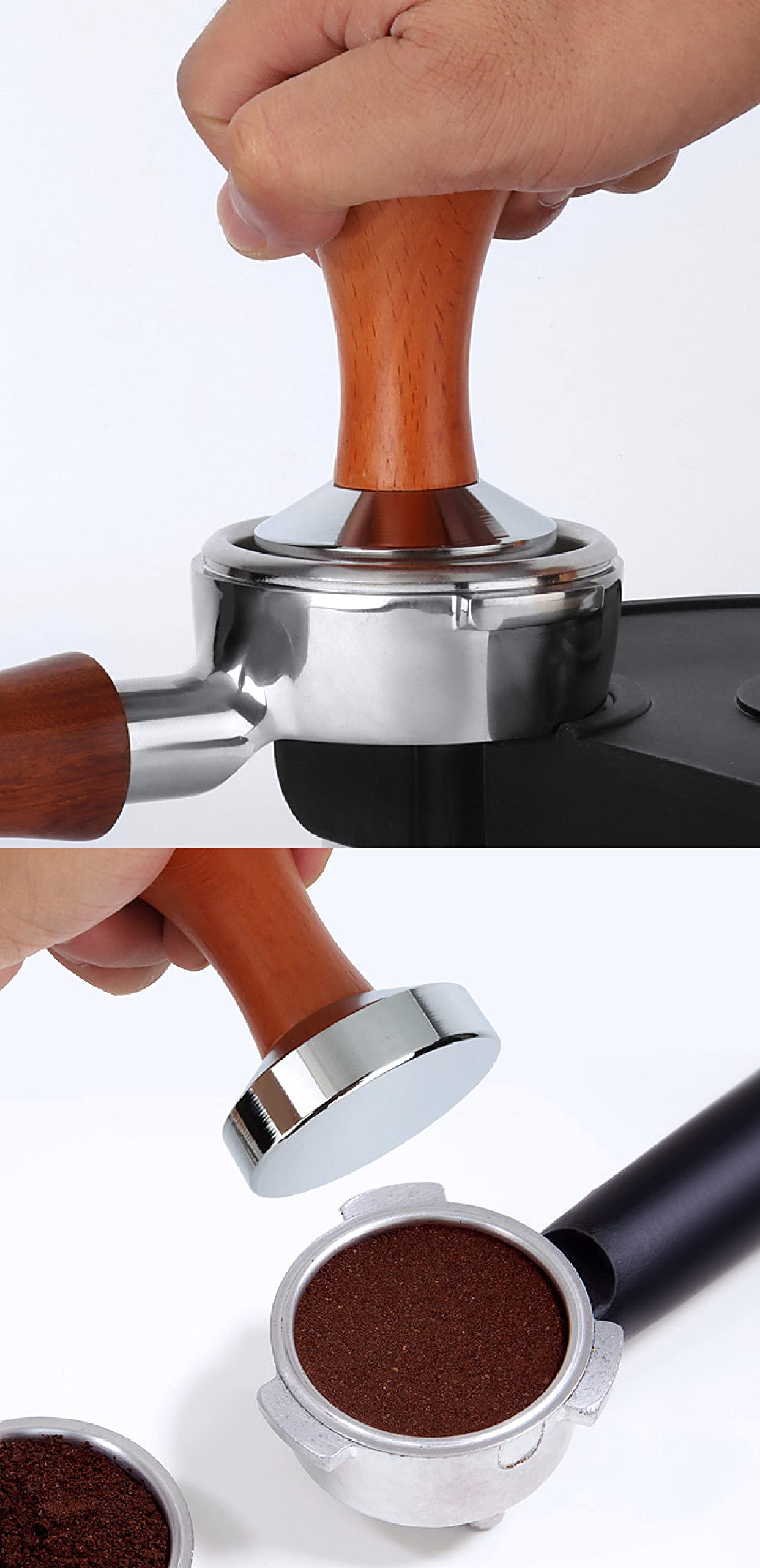 WYLOSUA tamper with ergonomic wood handle offers comfortable grip during tamping.