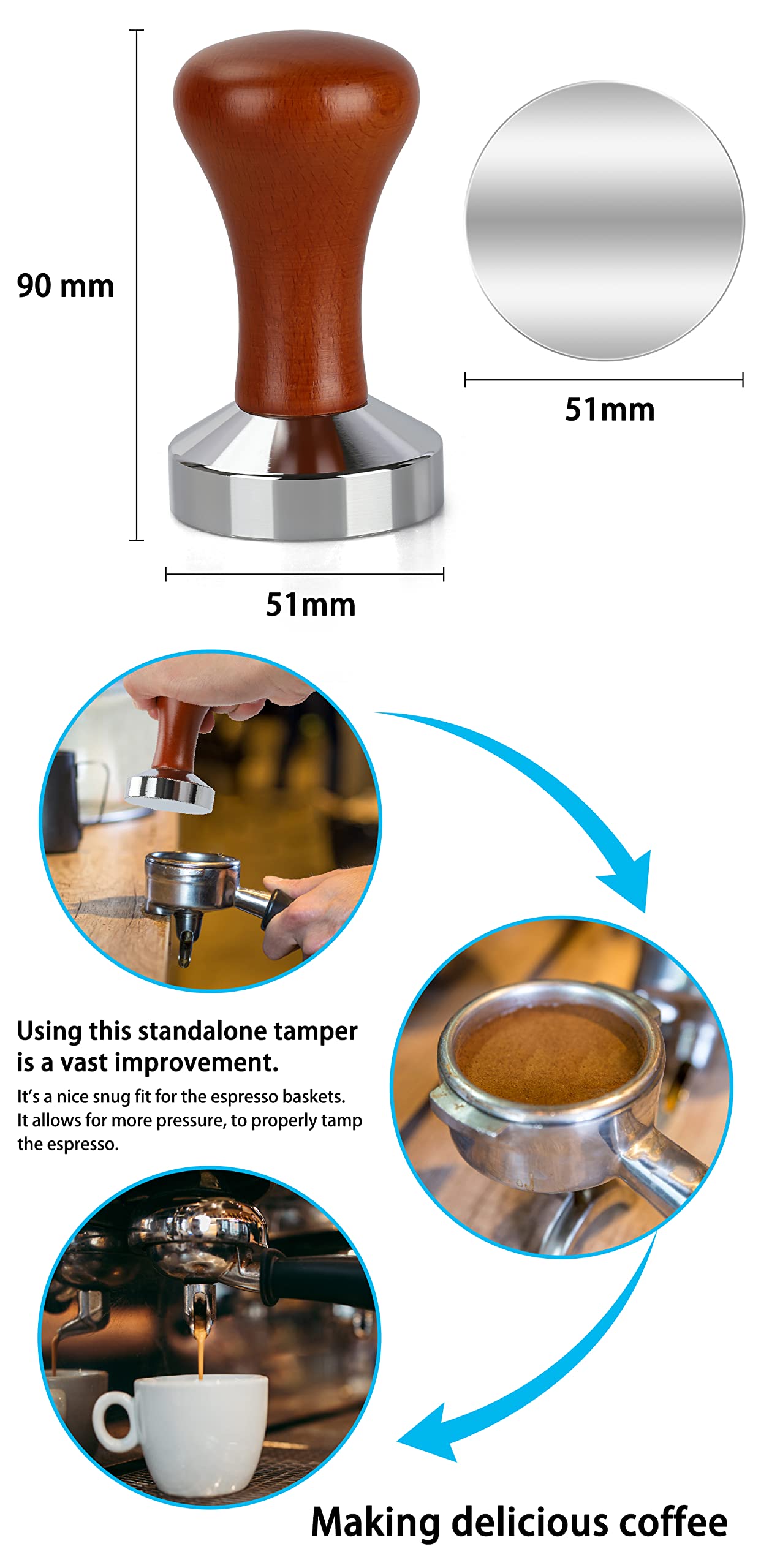 WYLOSUA stainless steel body with blue-accent handle for durable, precise tamping.