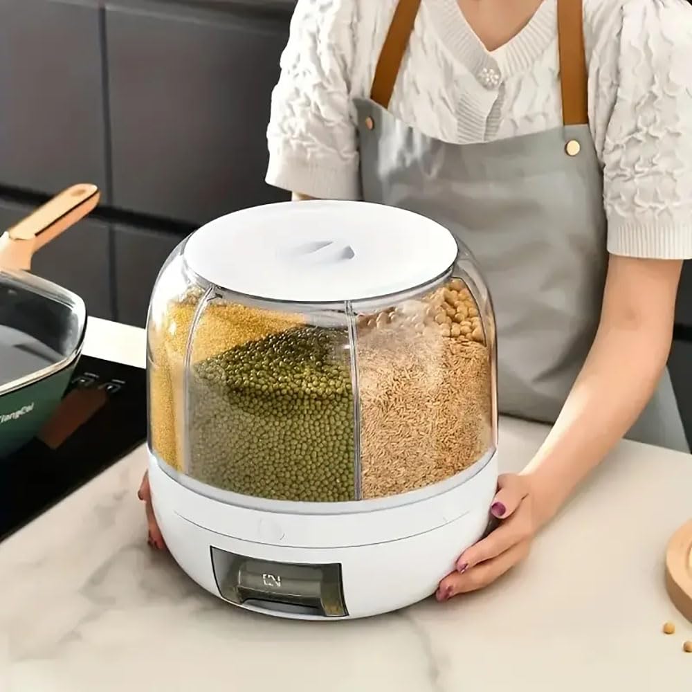 WYSYZJJ rice dispenser offers six compartments for organized dry goods storage.