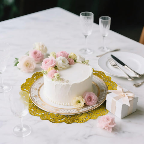 Dessert-table setup featuring WYTAOHZL gold doilies for elegance