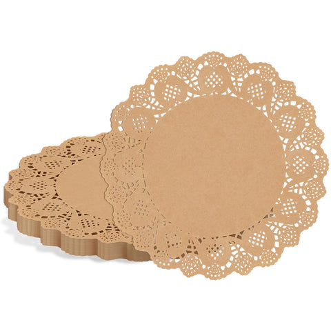 WYTAOHZL lace doilies 13.5 inch round brown elevate food presentation with sturdy disposable elegance.