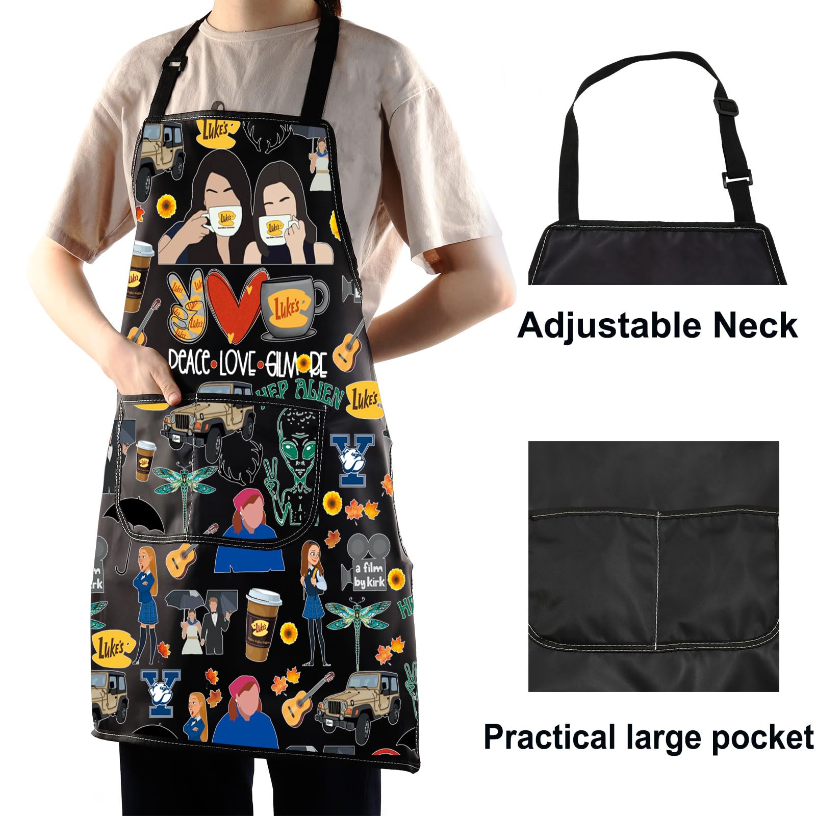 Vivid patterns on WZMPA Luke's Diner apron add playful kitchen style