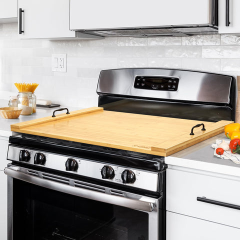 X-Chef noodle board stove cover on stove top provides extra prep space