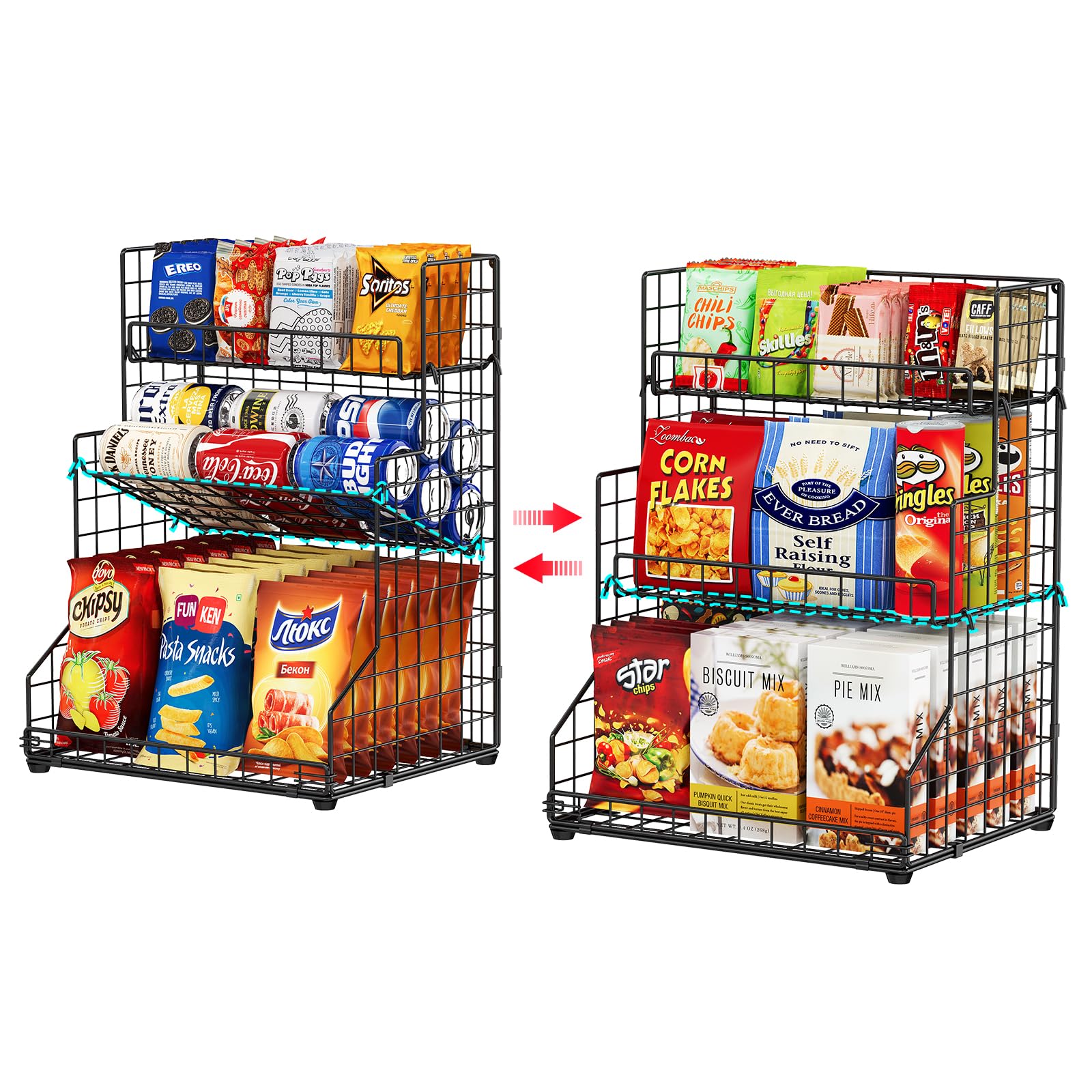 X-cosrack 3-tier snack organizer with tilting design for easy bottle access in the pantry