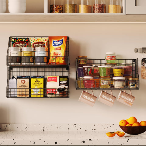 X-cosrack 3-tier snack organizer wall-mounted for flexible kitchen or office display.