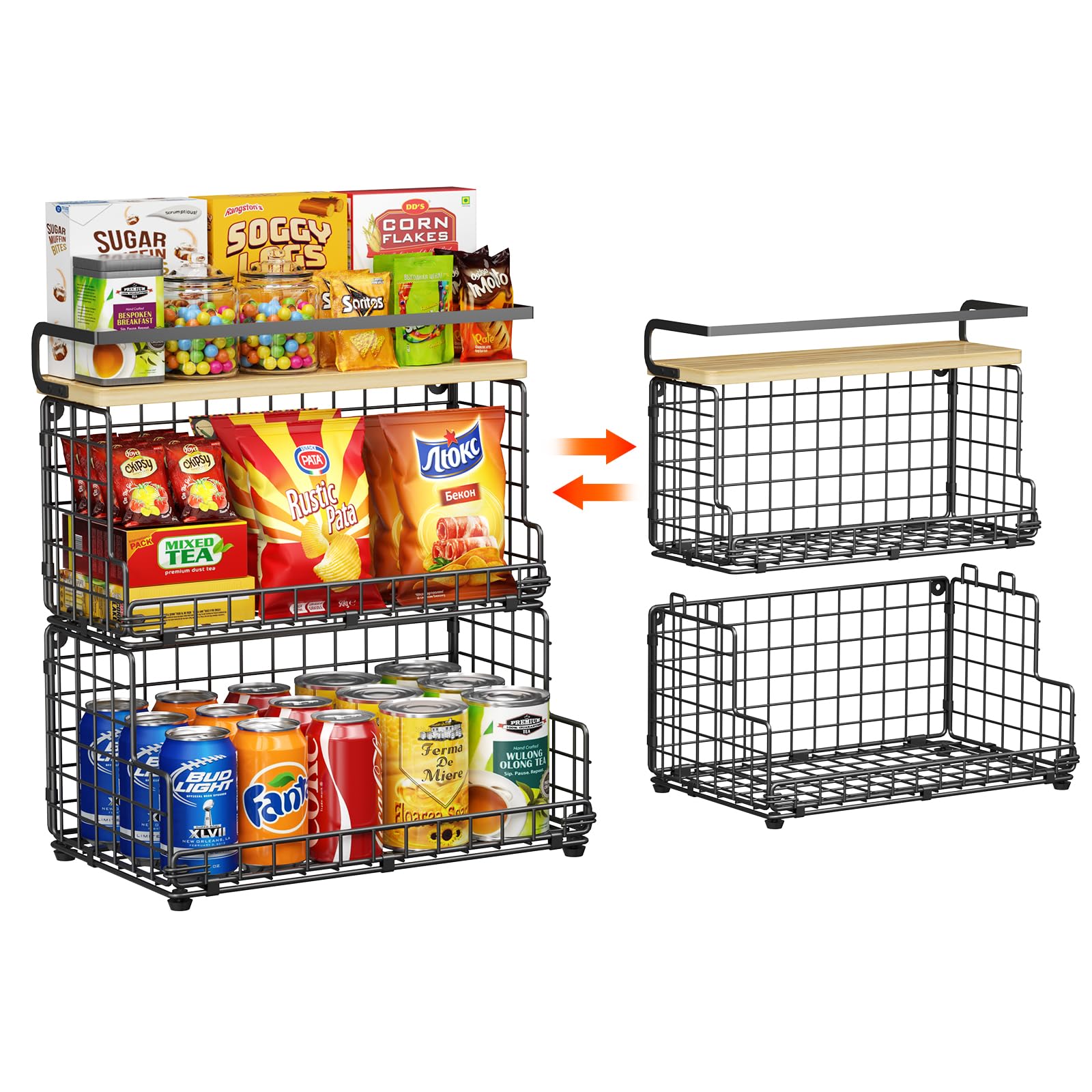 X-cosrack 3-tier stackable snack organizer with pine top for versatile storage.