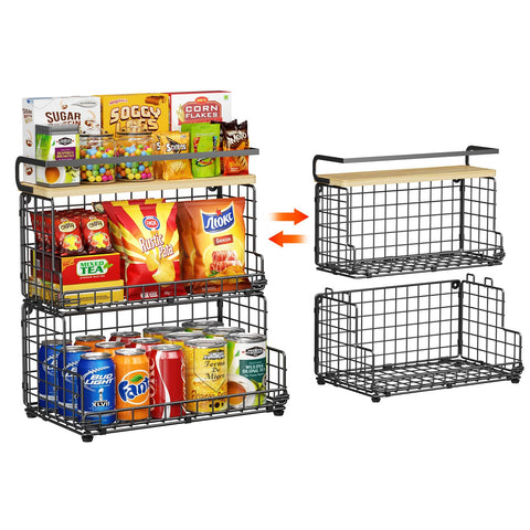 X-cosrack 3-tier stackable snack organizer with pine top for versatile storage.