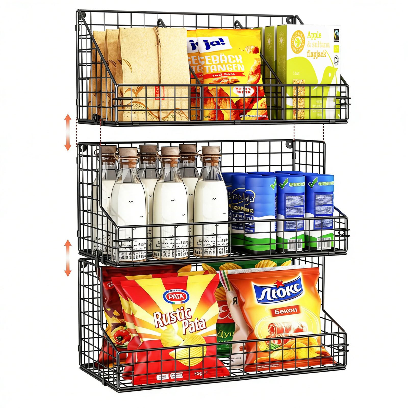 X-cosrack 3-tier stackable snack organizer mounted on wall keeps chips visible and accessible.