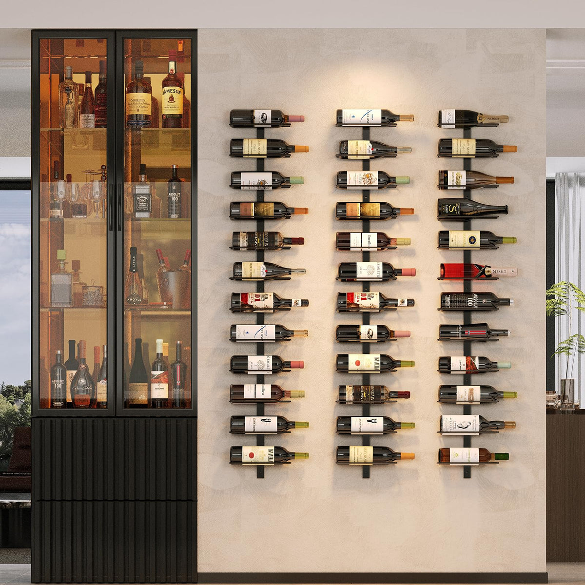 X-cosrack 36-bottle wall rack displaying a full wine collection in a sleek kitchen