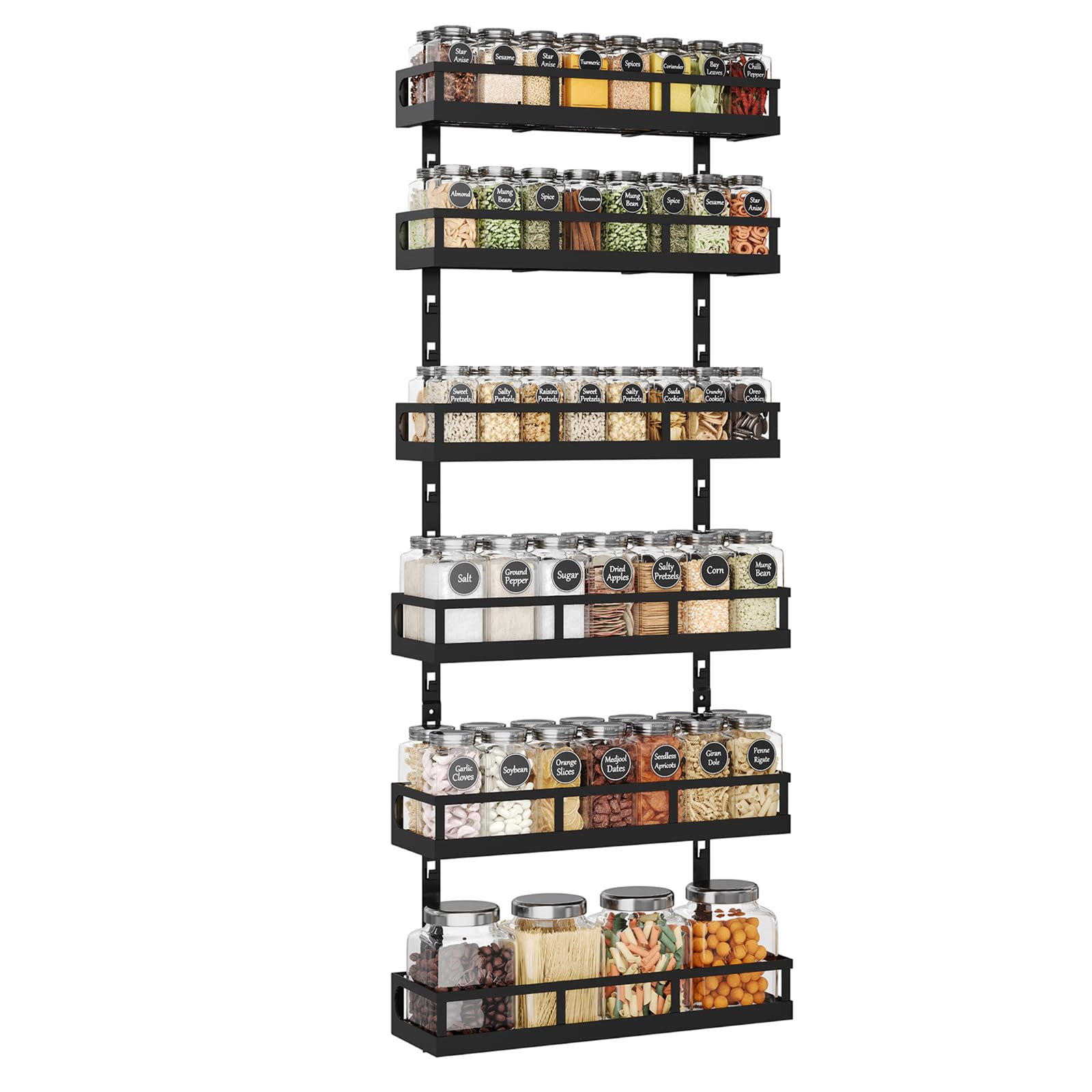 X-cosrack 6-tier wall-mounted spice rack displaying organized jars for easy access