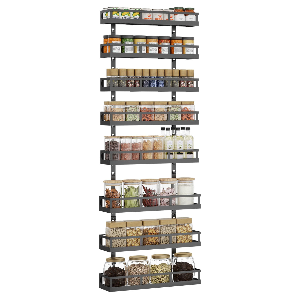 X-cosrack 8-tier adjustable spice rack wall-mounted keeps jars neatly organized.
