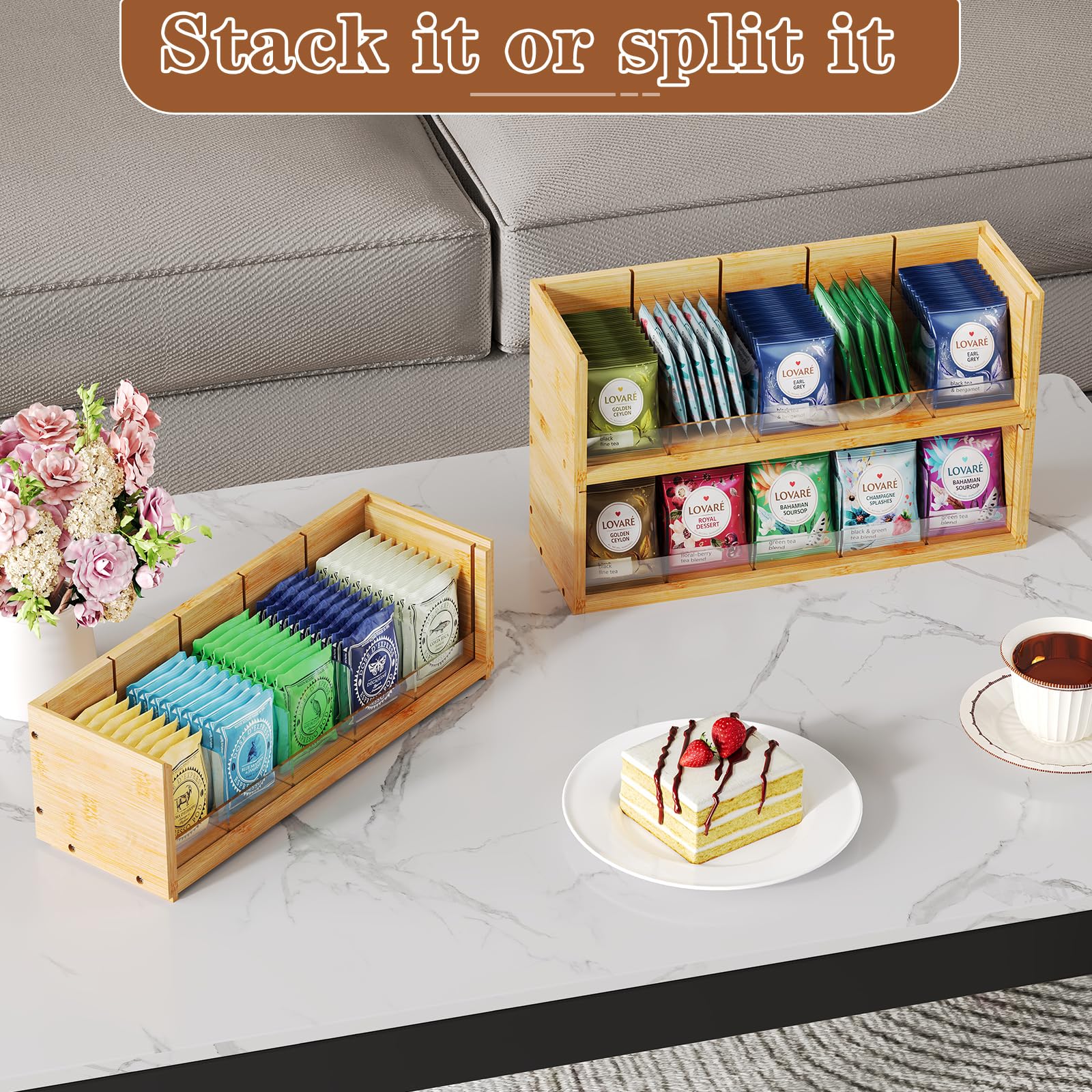 X-cosrack adjustable compartments highlight 15 sections for varied tea bags.