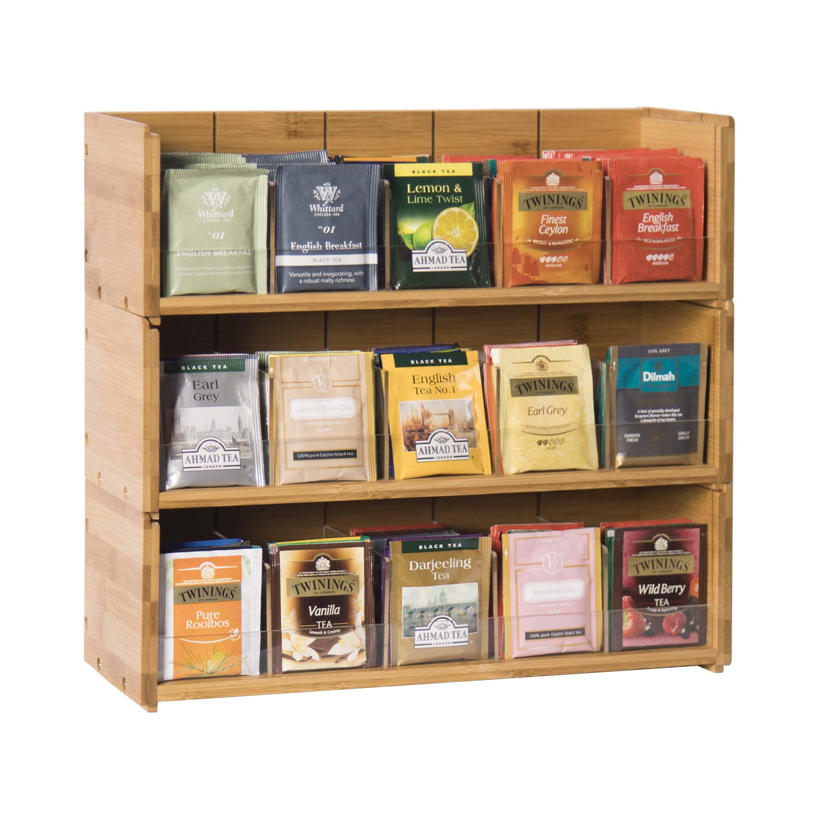 X-cosrack bamboo tea bag organizer shown in a 3-tier stack for easy access.