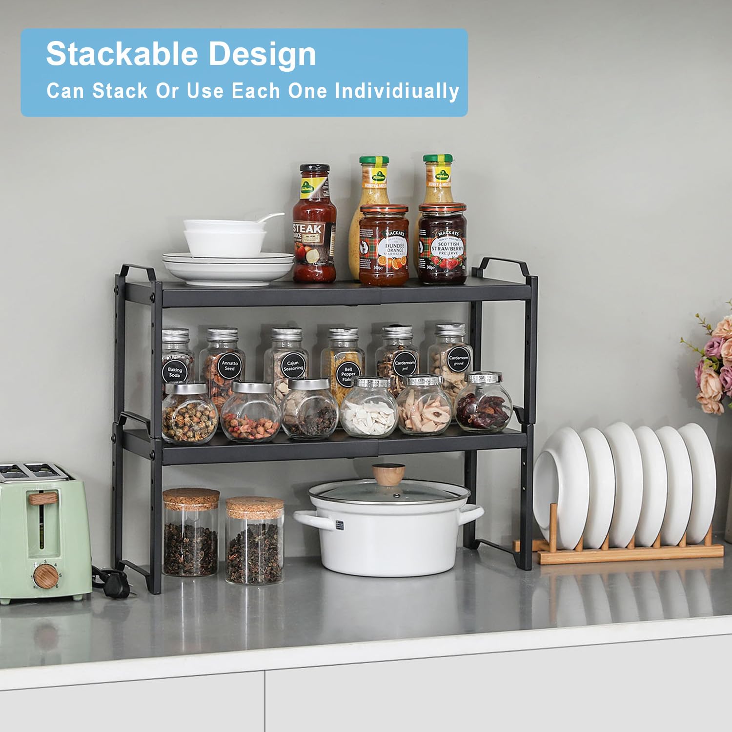 X-cosrack black metal frame highlights sturdy kitchen organization.
