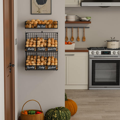 X-cosrack display-storage setup showcases eggs, spices, and produce.