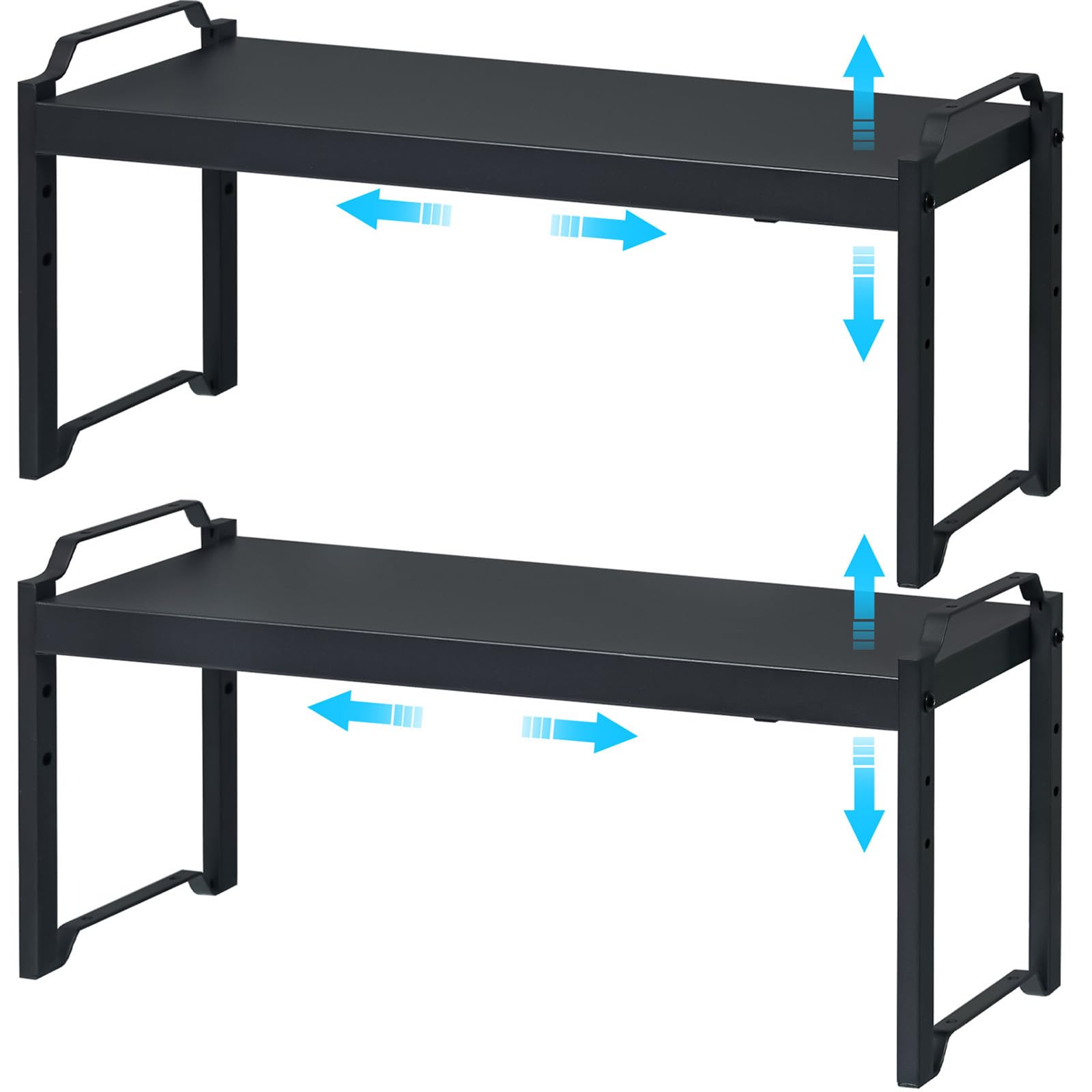 X-cosrack expandable cabinet shelves two-pack in black for flexible kitchen storage.
