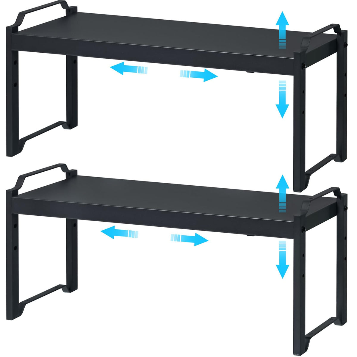 X-cosrack expandable cabinet shelves two-pack in black for flexible kitchen storage.