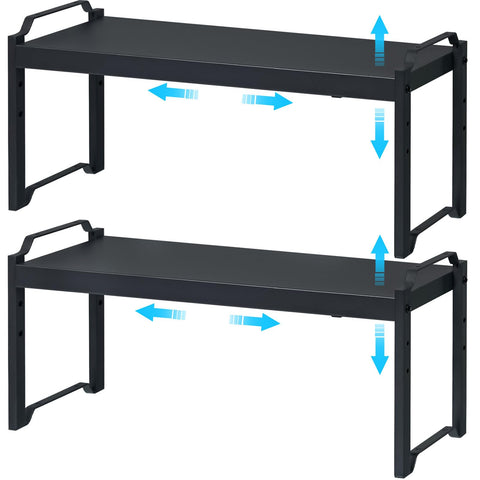 X-cosrack expandable cabinet shelves two-pack in black for flexible kitchen storage.
