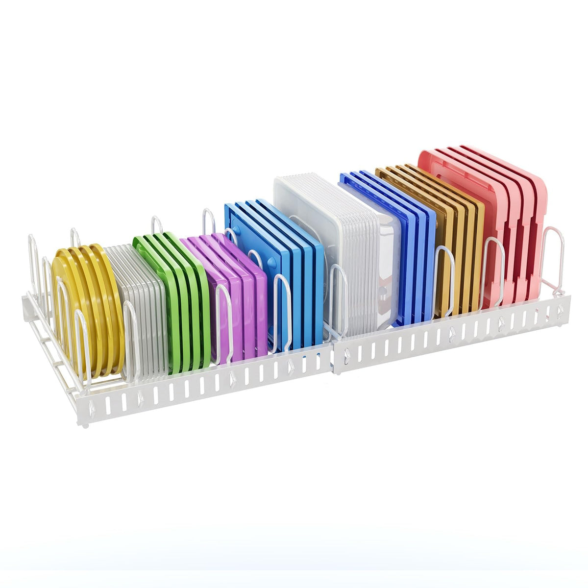 X-cosrack expandable lid organizer fits cabinet lids for quick access.