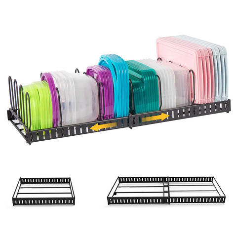 X-cosrack expandable lid organizer keeps cabinet lids neatly accessible