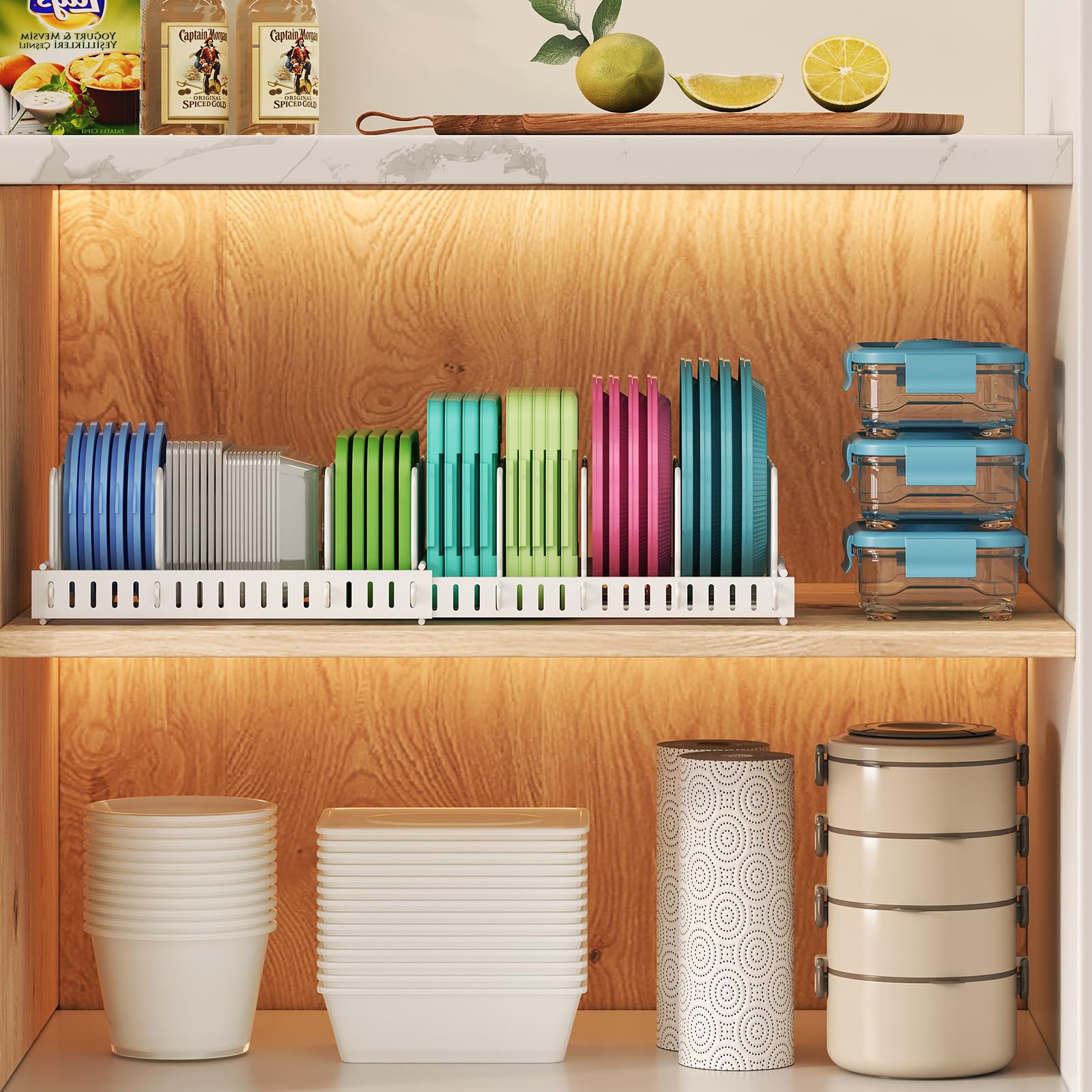 X-cosrack expandable lid organizer extended view shows space-saving flexibility for busy kitchens.