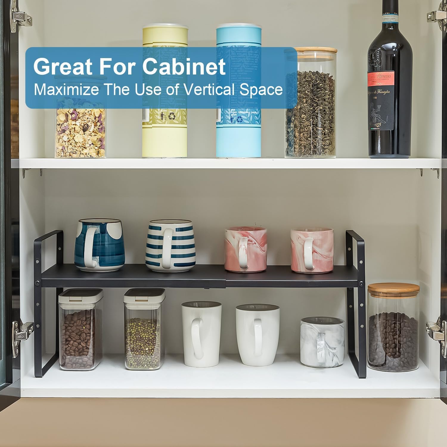 X-cosrack expandable shelf top view highlights accessible arrangement of cups and cans.
