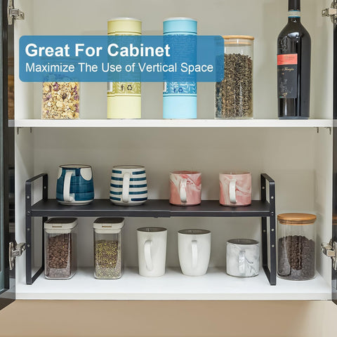 X-cosrack expandable shelf top view highlights accessible arrangement of cups and cans.