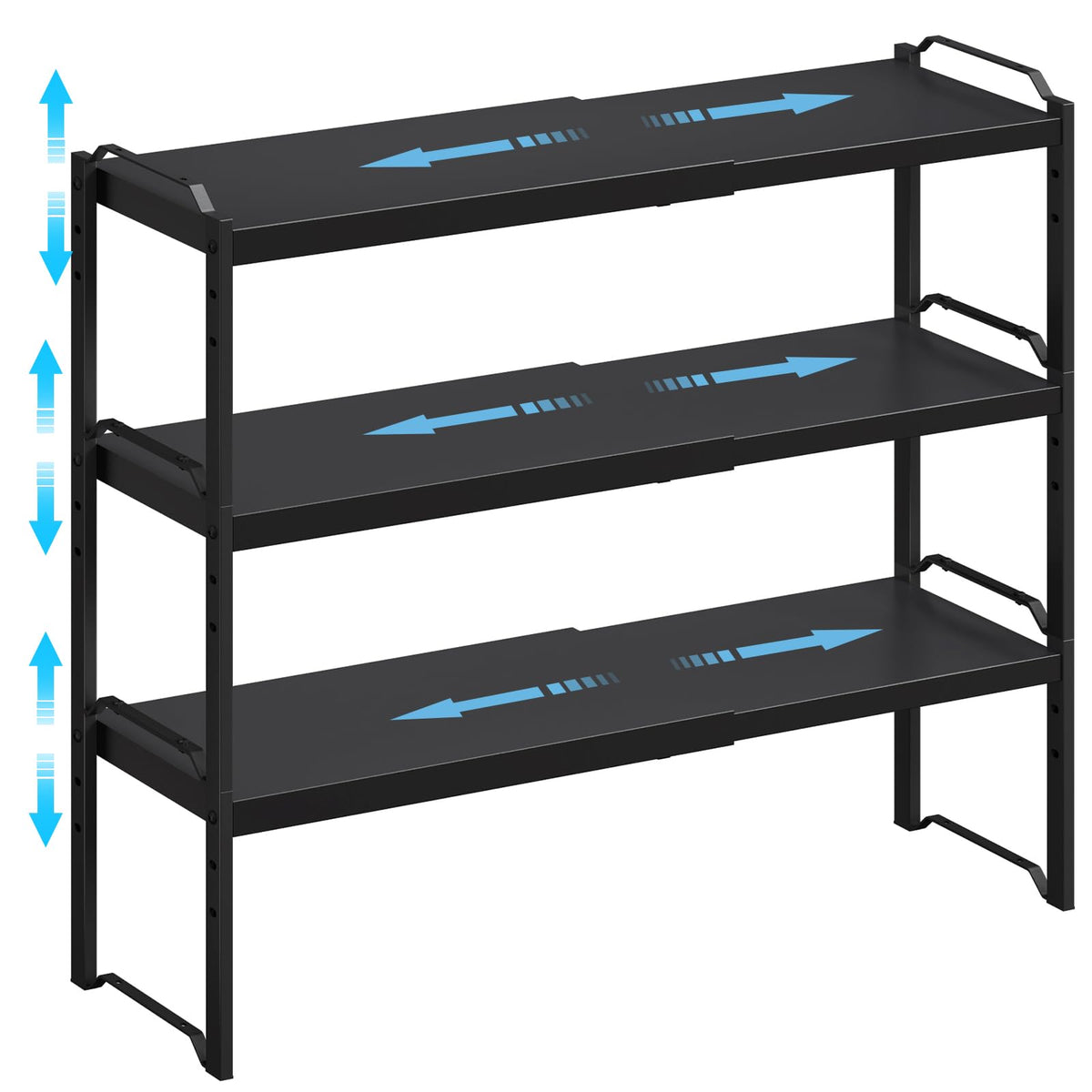 X-cosrack expandable shelves extended to 25.5 inches for versatile cabinet storage.