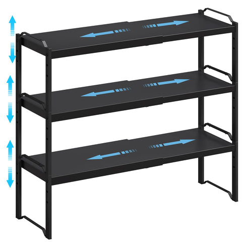 X-cosrack expandable shelves extended to 25.5 inches for versatile cabinet storage.