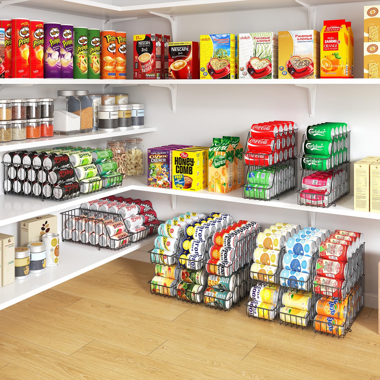 X-cosrack four-tier layout maximizes vertical storage in pantry or fridge.