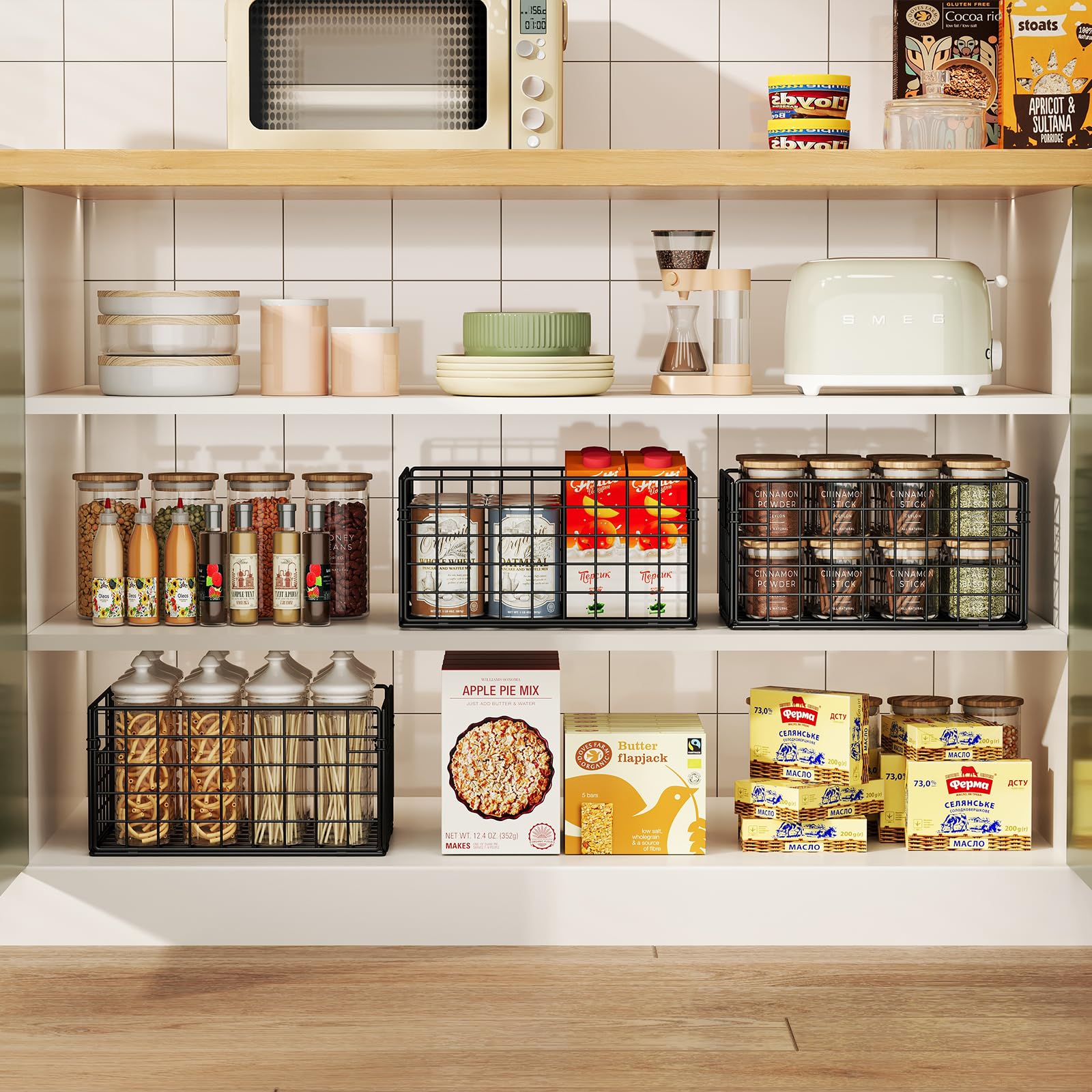 X-cosrack kitchen baskets organize fruits, containers, and spices neatly