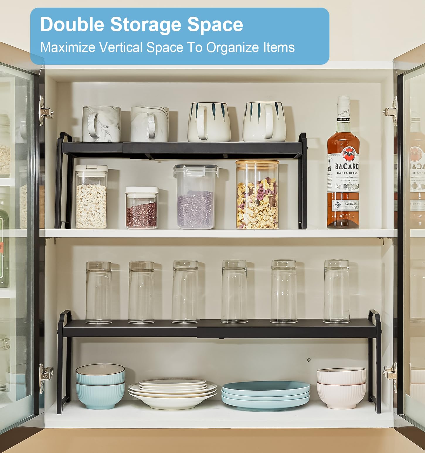 X-cosrack kitchen storage setup keeps dishes organized on the counter
