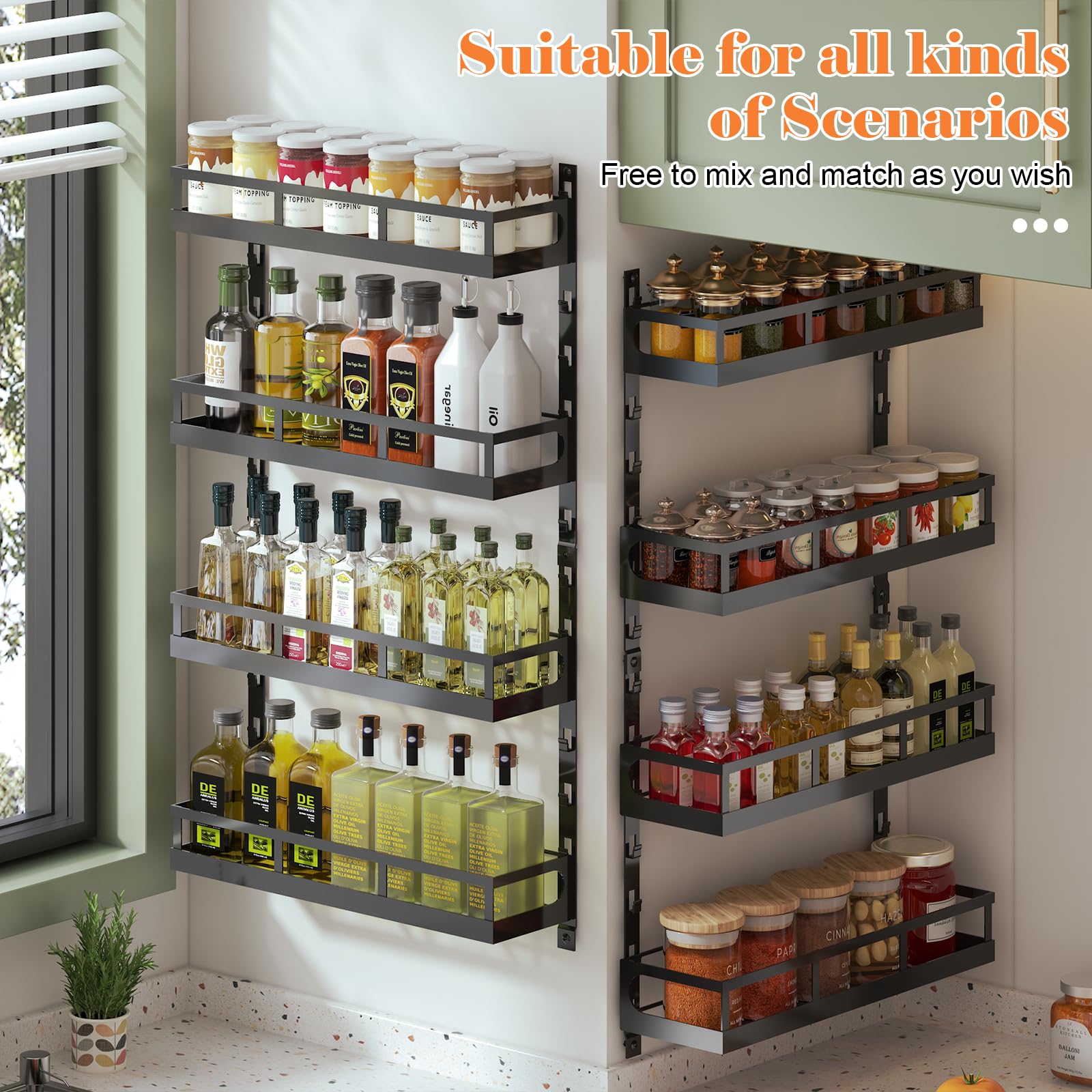 X-cosrack mixed baskets storage offers flexible shelf sizes for spices and bottles.