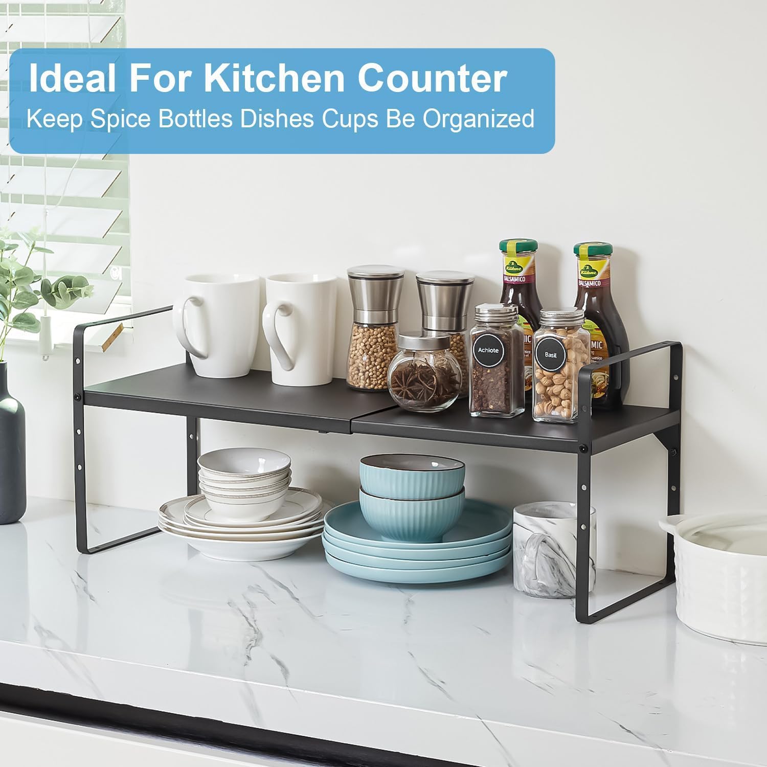 X-cosrack multipurpose countertop organizer keeps dishes and snacks neatly separated.
