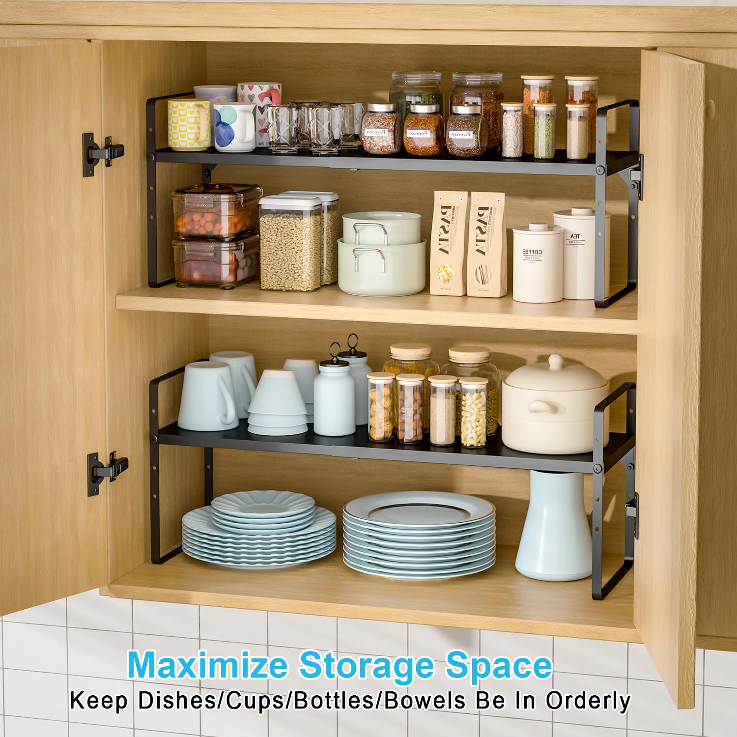 X-cosrack versatile organizer keeps dishes, cans, and snacks neatly arranged.