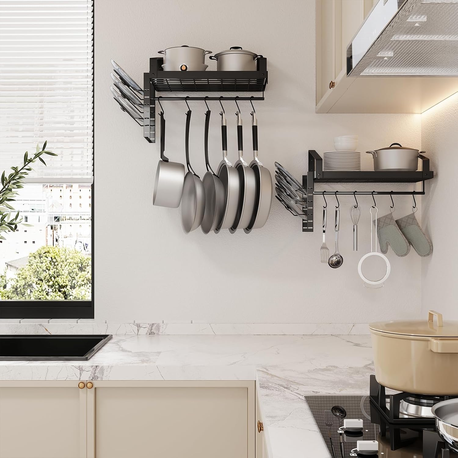 X-cosrack two-tier grid shelves organizing pots and lids neatly