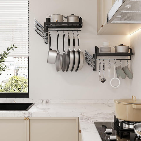 X-cosrack two-tier grid shelves organizing pots and lids neatly