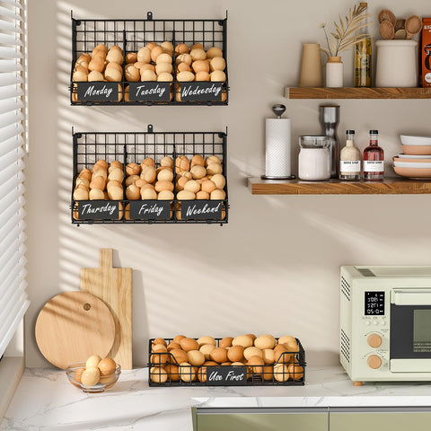X-cosrack with removable labels sorts eggs and produce weekly.