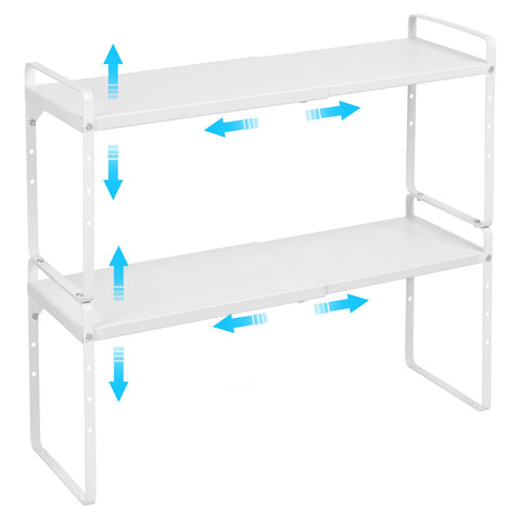 X-cosrack set of 2 expandable cabinet shelves, easy assembly for quick kitchen organization.