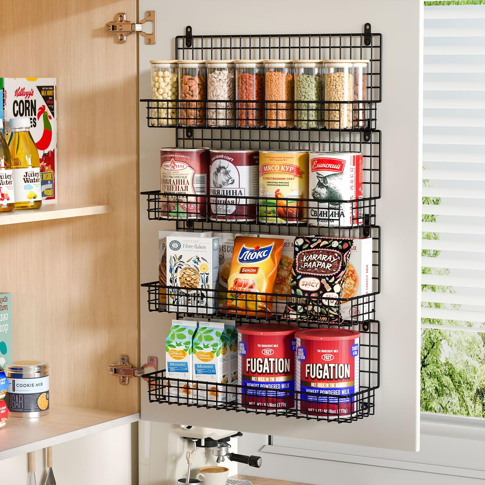 X-cosrack spice rack holds 80 jars for bulk seasonings and quick reach.