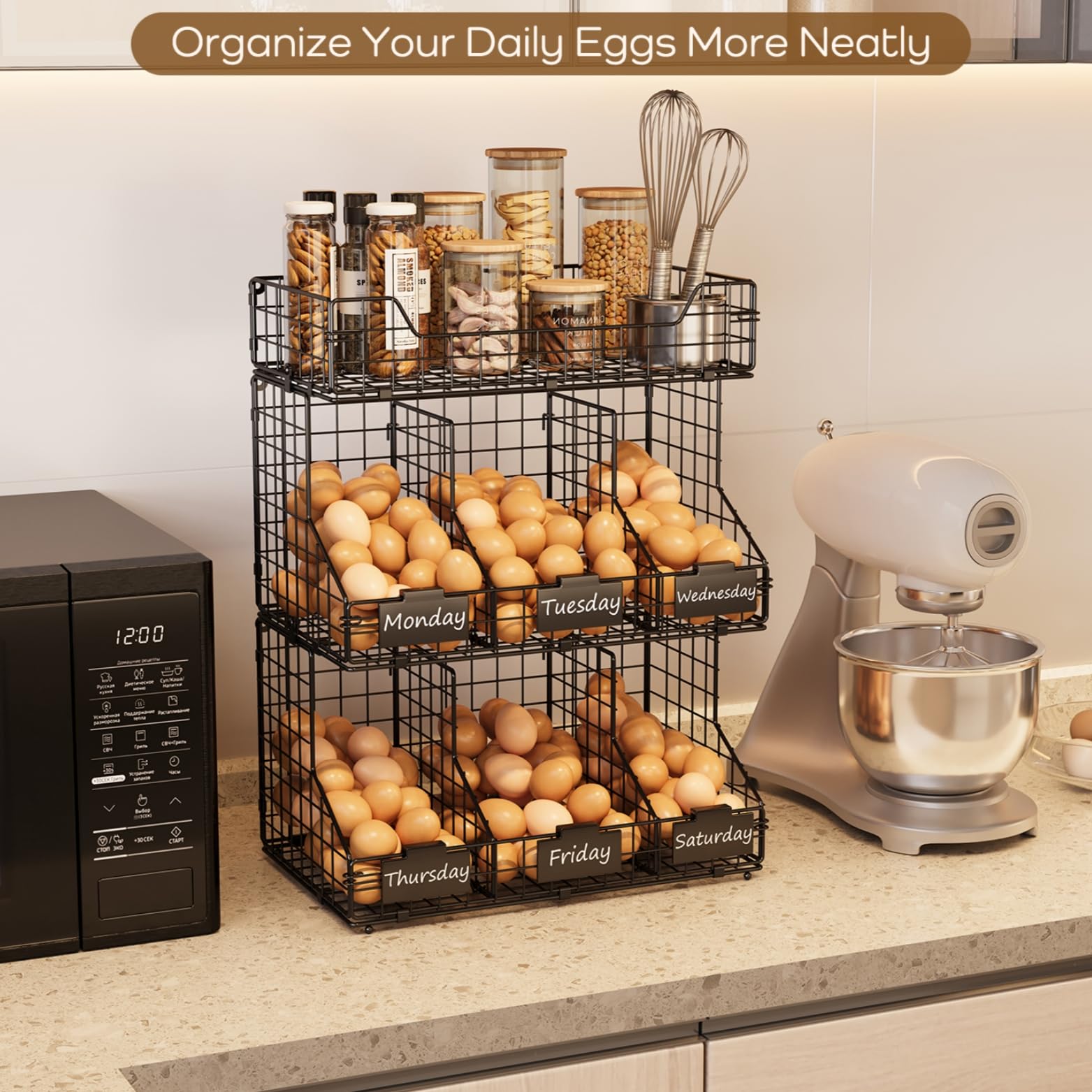 X-cosrack stackable design saves counter space and improves reach.