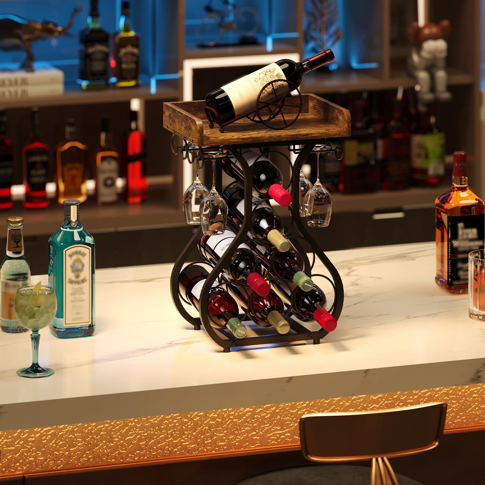 X-cosrack tabletop surface for pouring and open bottle display.