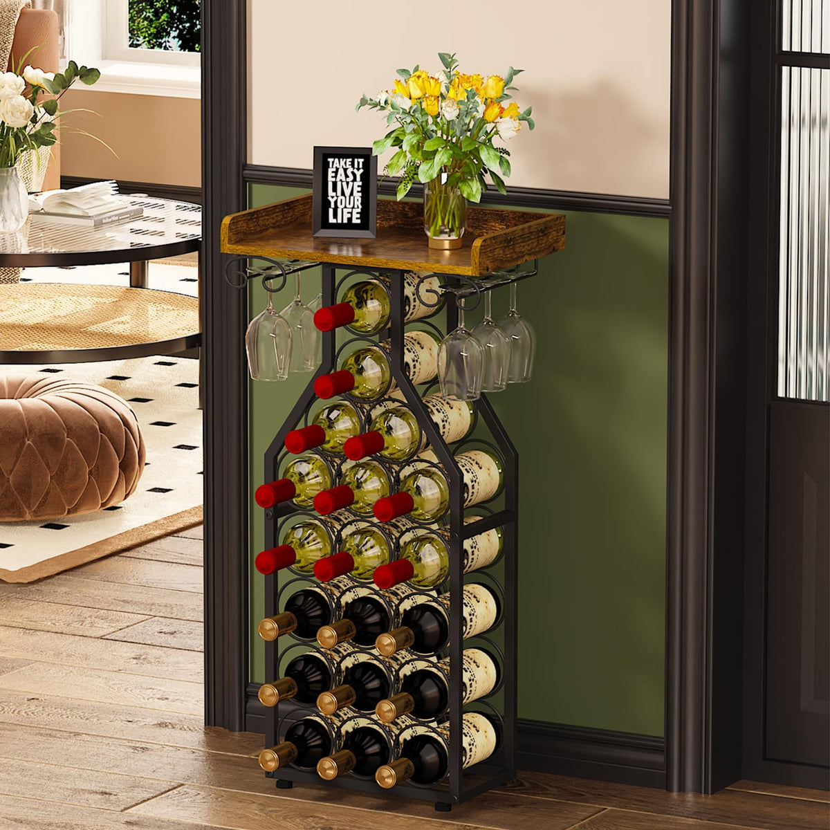 X-cosrack wine rack freestanding front view showcases elegant bottle-shaped design for stylish storage.